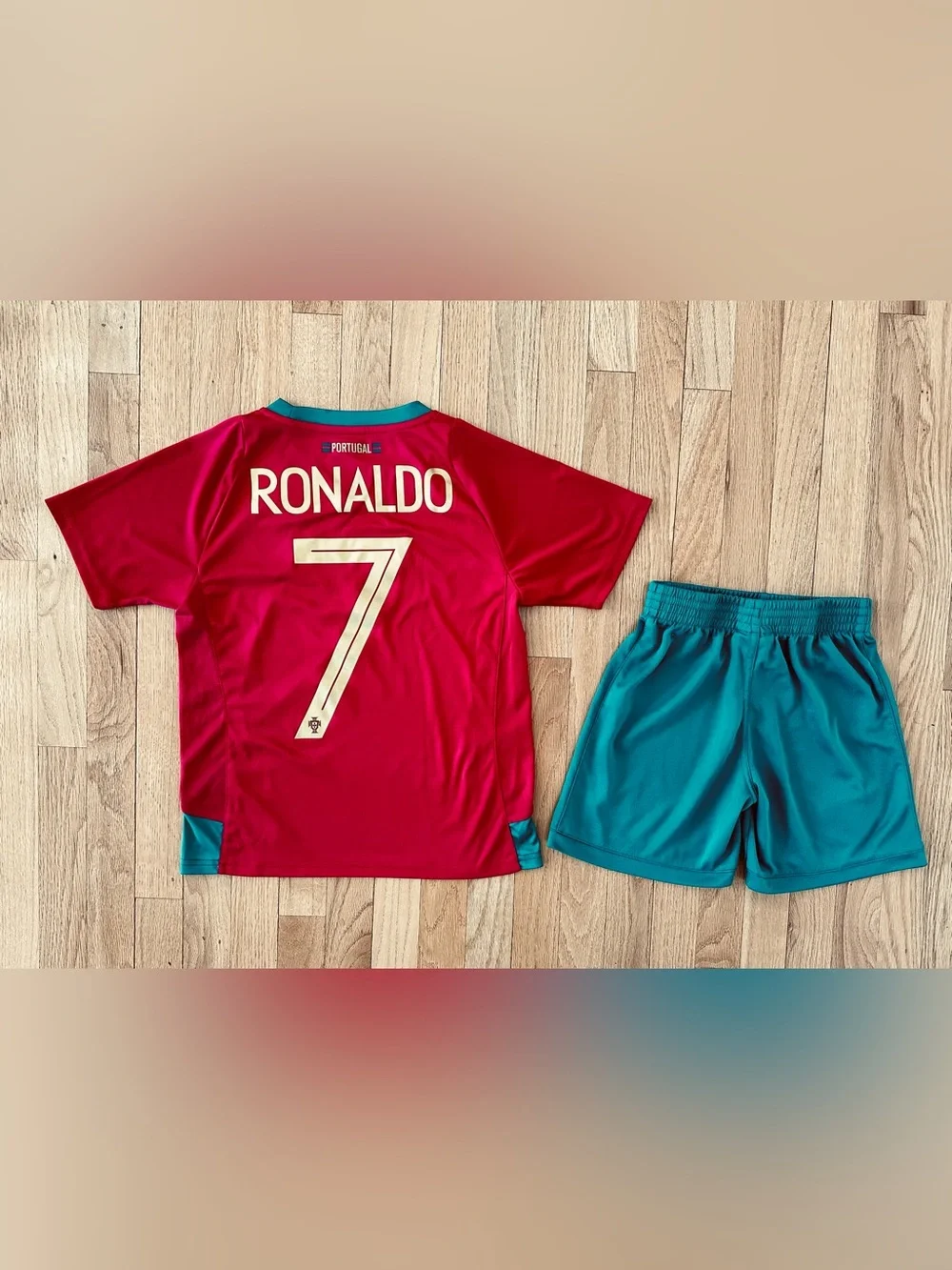 Portugal Ronaldo Soccer Jersey and Shorts Set, Red & Green colors, Size S (6-7) - Picture 2 of 5